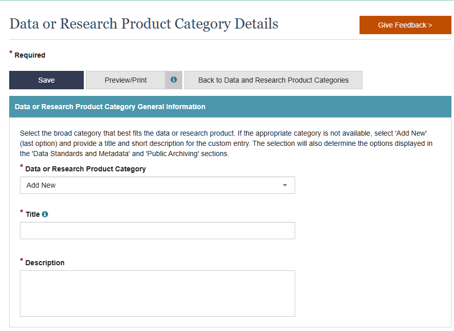 Screen shot of Data or Research Product Category of the DMSP