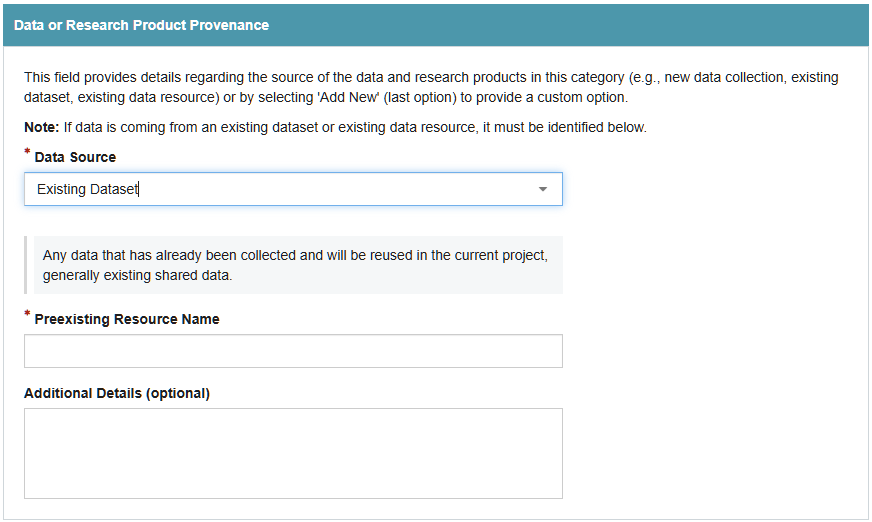 Screen shot of the Data or Research Product Provenance section of the DMSP.