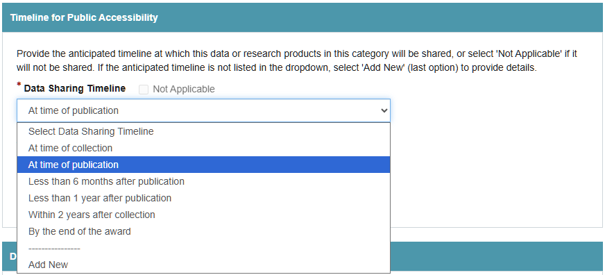 Screen shot of the Timeline for Public Accessibility section of the DMSP.